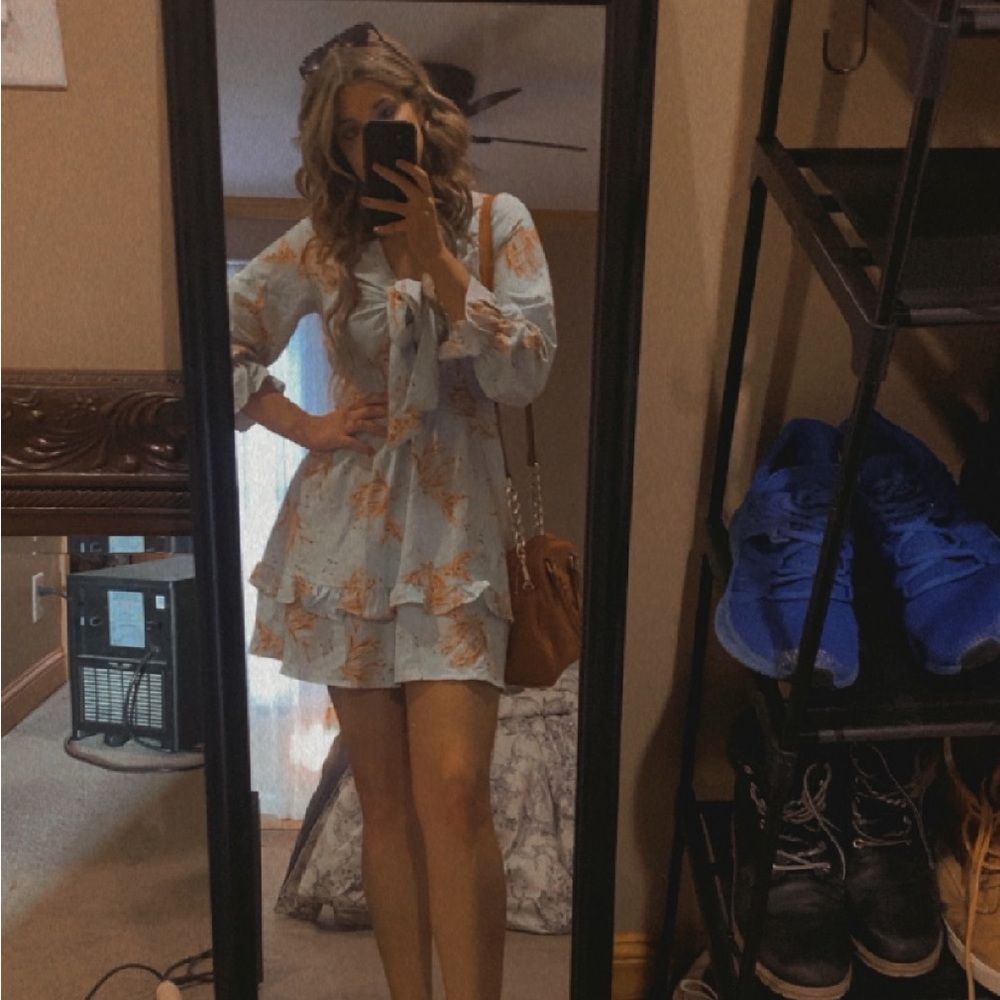 Light blue floral print dress with tie